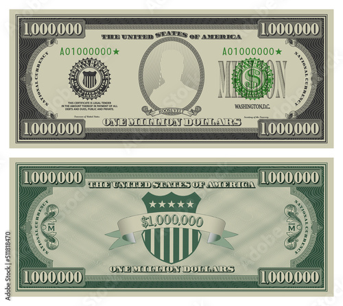 Vector million dollars banknote. Gray obverse and green reverse fictional US paper money in style of vintage american cash. Frame with guilloche mesh and bank seals. Roosevelt photo