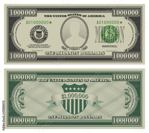 Vector million dollars banknote. Gray obverse and green reverse fictional US paper money in style of vintage american cash. Frame with guilloche mesh and bank seals. Roosevelt