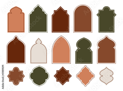 Ramadan shapes. Islam elements of Arab mosque. Door stickers and Arabian arch frame. Muslim oriental silhouette. Oriental window. Color empty arabesque borders set. Flat vector design