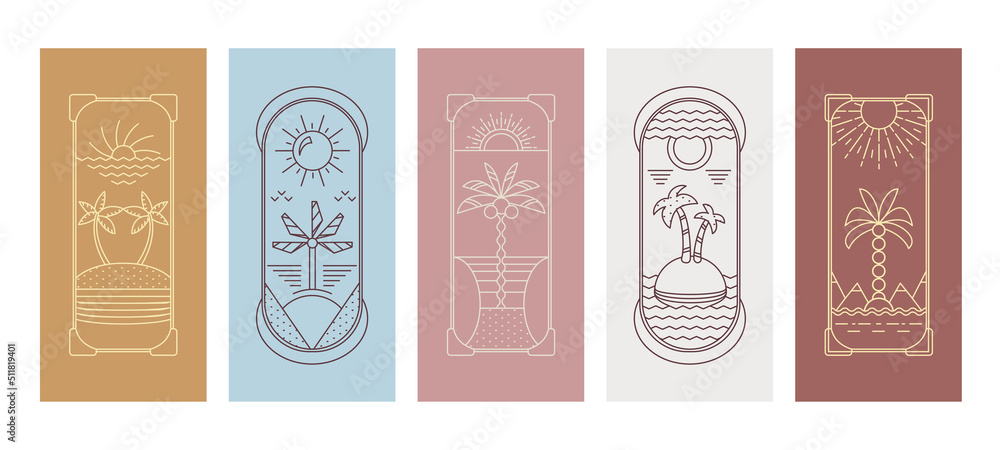 Palm tree logo. Minimal geometric Bohemian design. Tropical Boho line badge for hotel, boutique and rental studio. Sea beach vacation. Outline summer seascape. Vector linear icons set