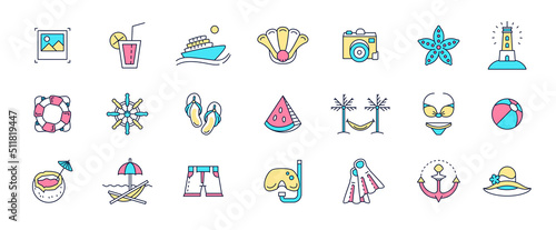 Summer beach icons. Holiday pictograms. Hot color design. Outline signs set. Tropical resort. Summertime recreation. Sunbathing and snorkeling. Marine cruise. Vector line art illustration