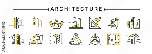 Architect buildings. Line icons of architecture project for engineer documents and plans. Apartment interior blueprint. House construction. Drafting stationery. Vector design logo set