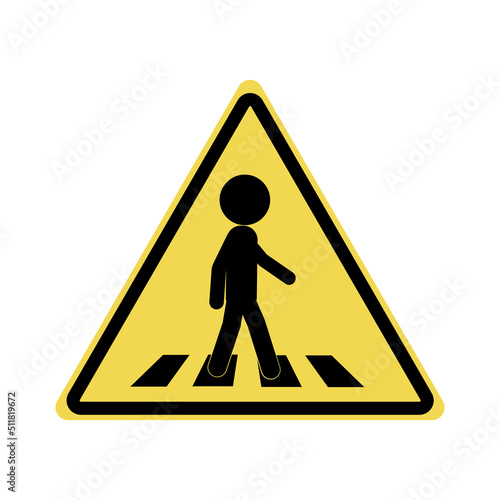 Vector illustration of traffic triangle sign for zebra cross, pedestrian road crossing, pelican walk zone in black and yellow