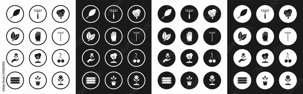 Set Tree with apple, Garden gloves, Leafs, rake, Cherry and Hand holding flower icon. Vector