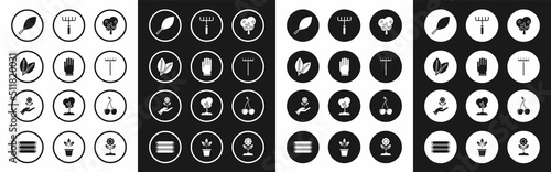 Set Tree with apple, Garden gloves, Leafs, rake, Cherry and Hand holding flower icon. Vector
