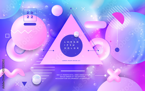 3d pastel background. Abstract poster with graphic fluid shapes and holographic gradients with color effects, lines on purple neon backdrop. Copy space in triangle. Vector banner template