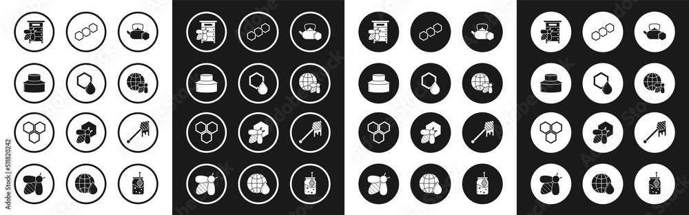 Fototapeta premium Set Tea kettle with honey, Honeycomb, Beekeeper protect hat, Hive for bees, map of the world and, dipper stick dripping and icon. Vector