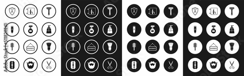 Set Shaving razor, Cream lotion cosmetic tube, Electrical hair clipper shaver, Scissors hairdresser and shield, Aftershave, Barbershop with, brush and Hairbrush icon. Vector