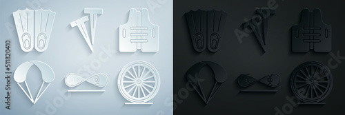 Set Skateboard trick, Life jacket, Parachute, Bicycle wheel, Pegs for tents and Rubber flippers swimming icon. Vector