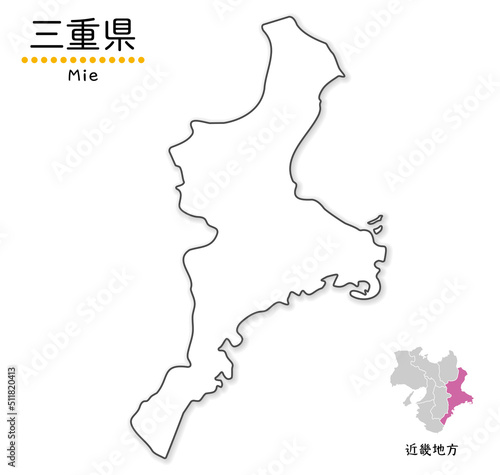 三重県のシンプルな白地図、単純化した線画、地方と位置 photo