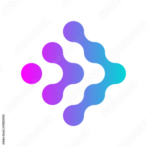 Metaballs abstract shape. Colorful technology logo template. Forward arrow shape. Pink blue color gradient. Digital wireless technology signal. Biotechnology idea. Vector illustration, flat, clip art.