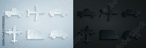 Set Train, Sedan car, Old retro vintage plane, Hatchback, Plane and Pickup truck icon. Vector