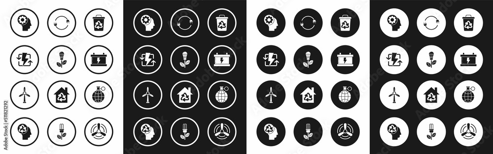 Set Recycle bin with recycle symbol, Light bulb leaf, Recharging, Human head gear inside, Car battery, Electric plug, Planet earth and recycling and Wind turbine icon. Vector
