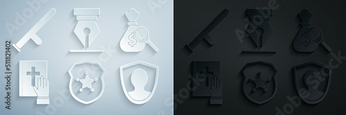 Set Police badge, Money bag and magnifying glass, Oath the Holy Bible, User protection, Fountain pen nib and rubber baton icon. Vector