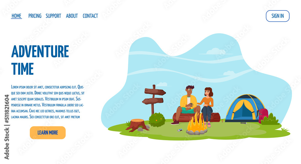 A young couple is sitting by a campfire in nature. Summertime camping, hiking, camper, adventure time concept. Flat vector illustration for poster, banner, flyer