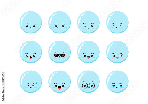 Cute soap bubble character kawaii set. Circel shape child bath mascot with face. Funny, sad, surprised, winking, in eyeglasses, sunglasses bubble emoji icon collection. Vector cartoon illustration.