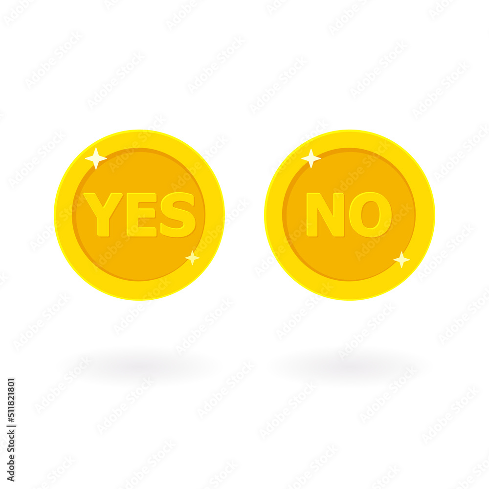 Cartoon golden coin with Yes and No two faces. Vector illustration isolated on white background Cartoon golden coin with Yes and No two faces. Vector illustration isolated on white background