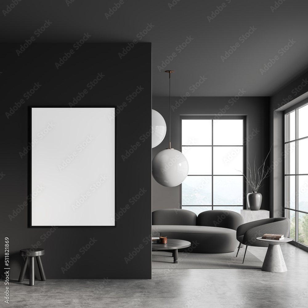 Grey guest room interior with couch and seat, window and mockup frame