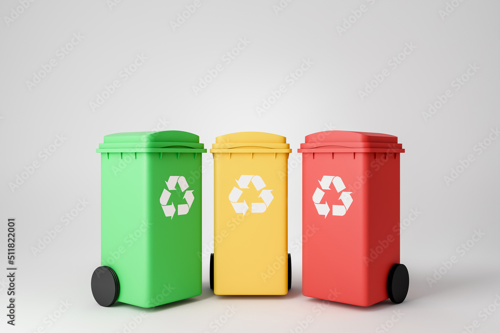 Three recycle bins in row, concept of waste sorting. Copy space Three recycle bins in row, concept of waste sorting. Copy space