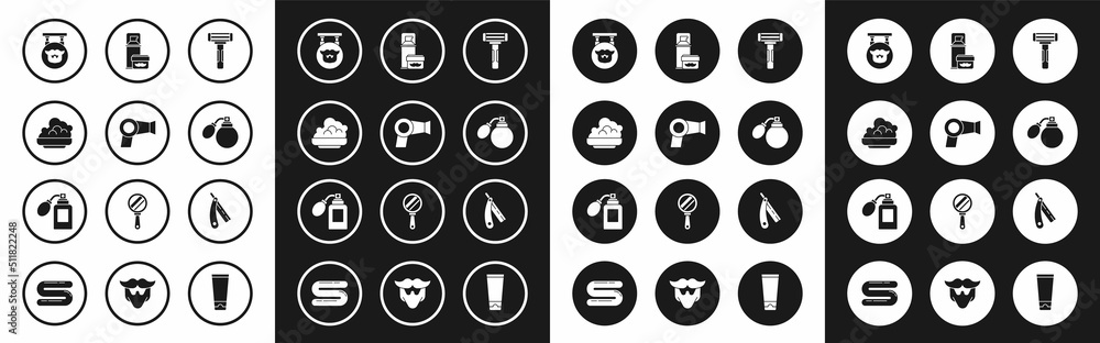 Set Shaving razor, Hair dryer, gel foam, Barbershop, Aftershave bottle with atomizer, Straight and icon. Vector Set Shaving razor, Hair dryer, gel foam, Barbershop, Aftershave bottle with atomizer, Straight and icon. Vector