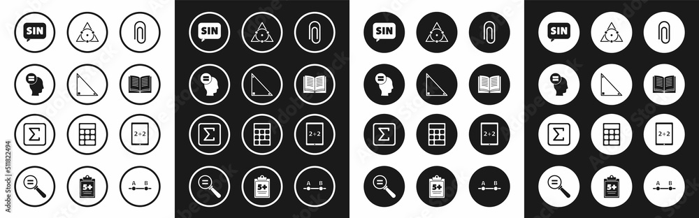 Set Paper clip, Triangle math, Calculation, Mathematics function sine, Open book, Tablet with calculator and Sigma symbol icon. Vector Set Paper clip, Triangle math, Calculation, Mathematics function sine, Open book, Tablet with calculator and Sigma symbol icon. Vector