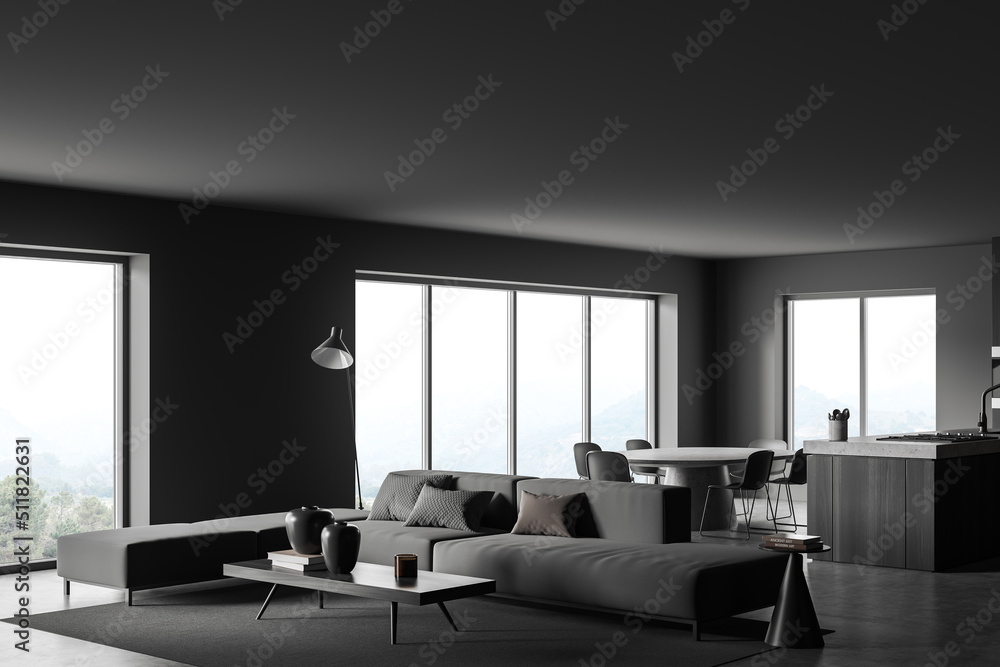 Grey kitchen interior with couch and eating area, panoramic window Grey kitchen interior with couch and eating area, panoramic window