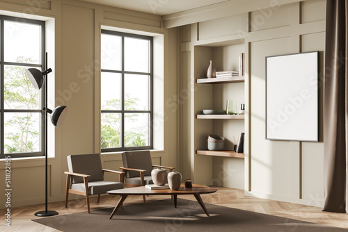 Lounge room interior with two chairs and shelf, window and mockup frame