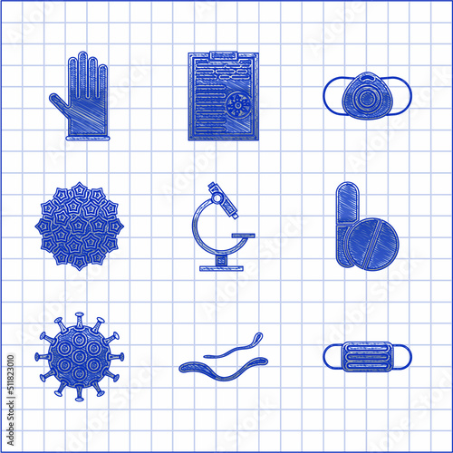 Set Microscope, Ebola virus disease, Medical protective mask, Medicine pill or tablet, Virus, and rubber gloves icon. Vector