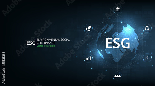 Design of Environmental Social and Governance (ESG).Solving environmental, social and management problems with figure icons on  dark blue background.