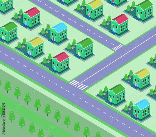 Country village district isometric illustration of a rural area with many houses, streets, recreation areas, and trees