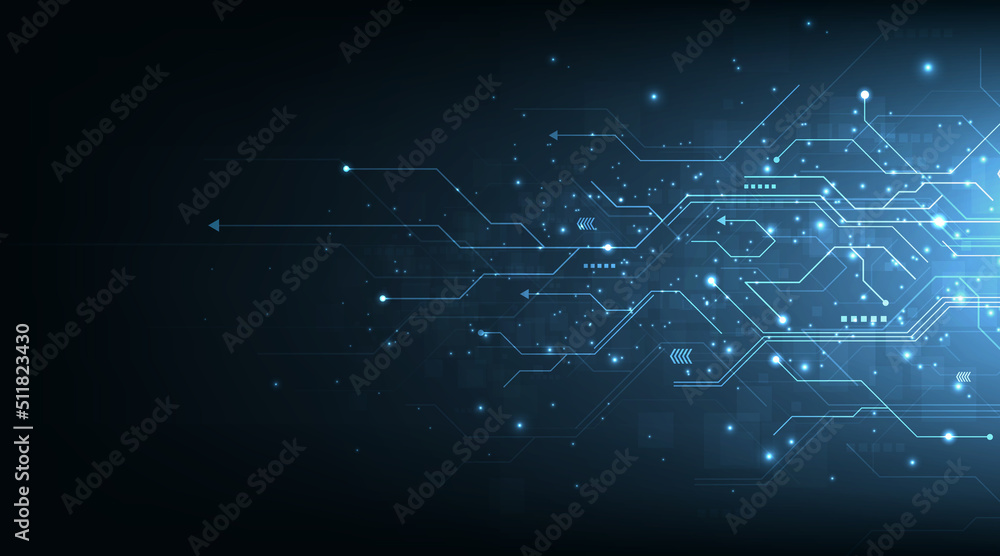  Circuit board blue technology background.Vector abstract technology illustration Circuit board on dark blue background.High tech circuit board connection system concept. 