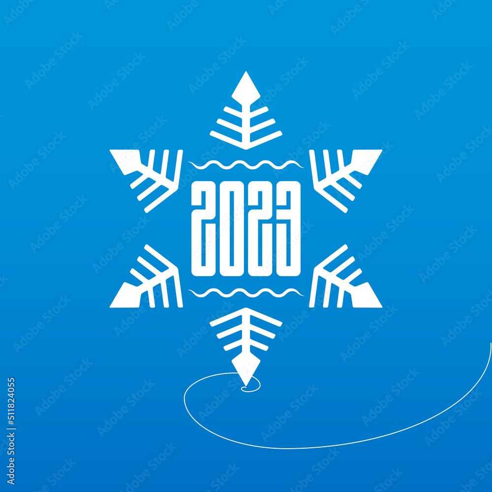 White snowflake on ice with new year date. Happy New Year 2023. Inscription 2023 inside snowflake. Vector. White snowflake on ice with new year date. Happy New Year 2023. Inscription 2023 inside snowflake. Vector.