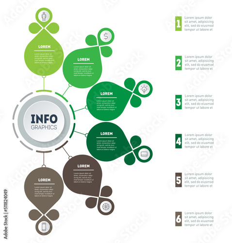 Timeline or infographics. Tree of development and growth of the green business. Infographic of tendencies or trends graph. Business presentation concept with 6 options, parts, steps or processes.