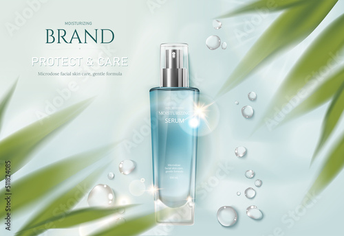 Gentle skincare  illustration green leaves cosmetic ads, bottle product lying on water surface background in top view angle with water drops and leaves