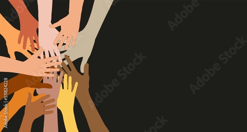 Group hands on top of each other of diverse multi-ethnic and multicultural people.Diversity people.Diverse culture.Racial equality.Concept of teamwork community and cooperation.Oneness