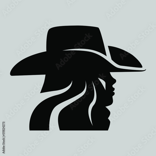 Pretty cowgirl side view portrait symbol on gray backdrop. Design element