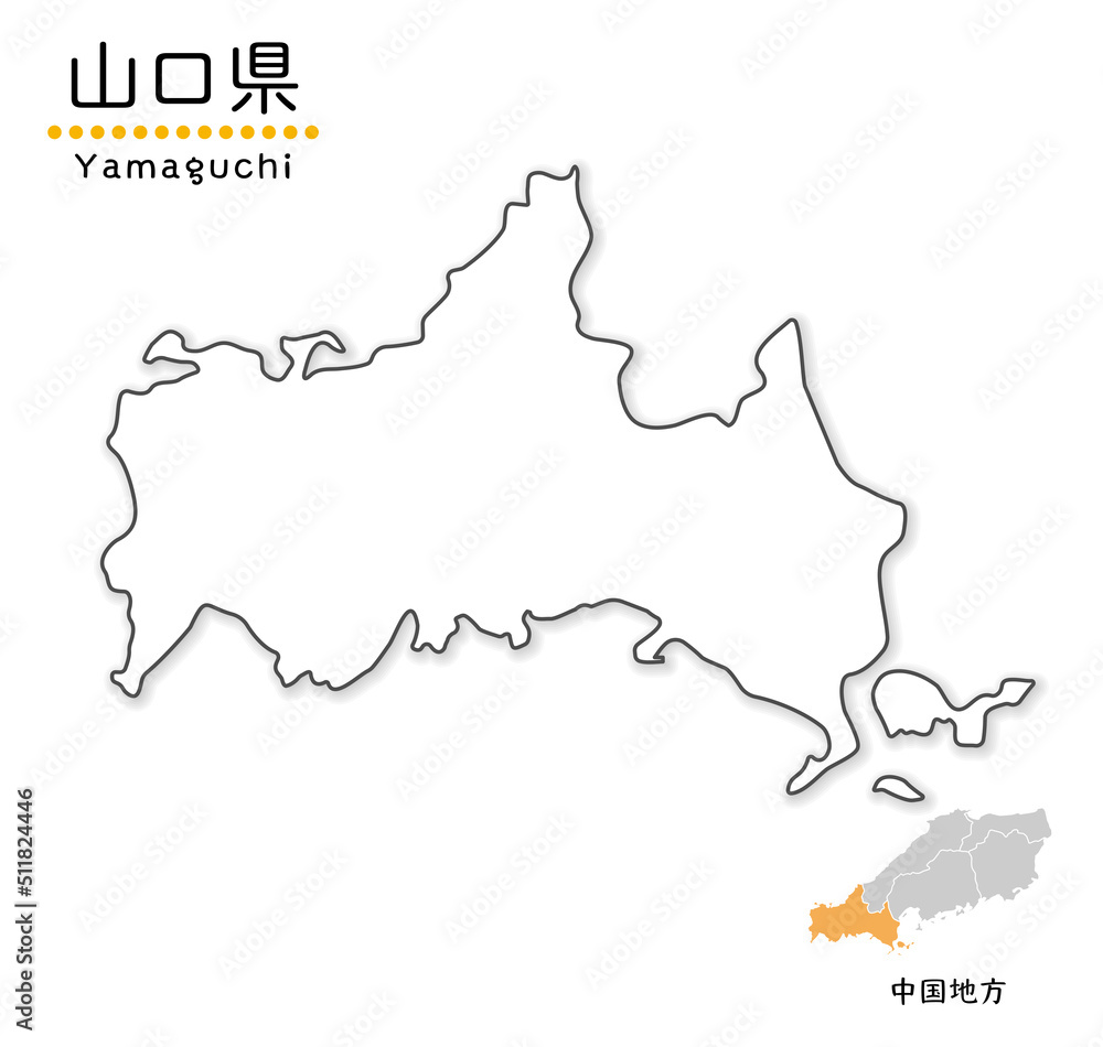 山口県のシンプルな白地図、単純化した線画、地方と位置