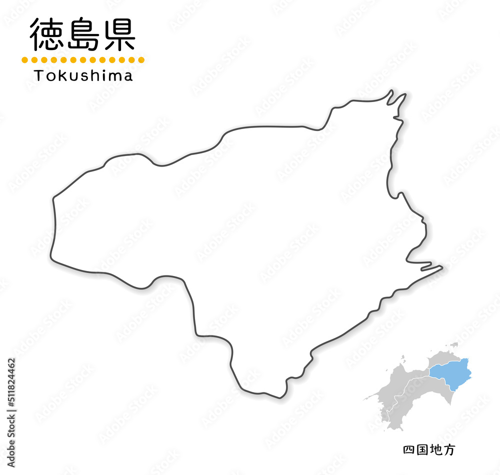 徳島県のシンプルな白地図、単純化した線画、地方と位置