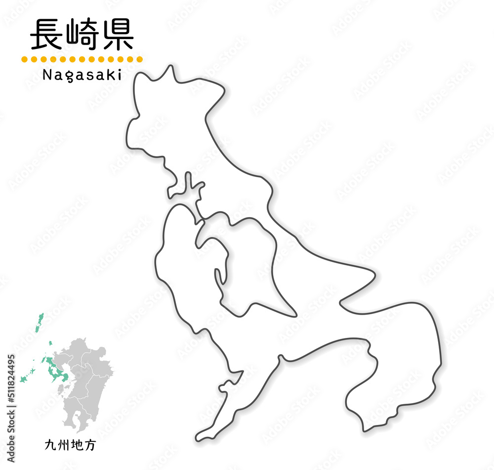 長崎県のシンプルな白地図、単純化した線画、地方と位置 長崎県のシンプルな白地図、単純化した線画、地方と位置