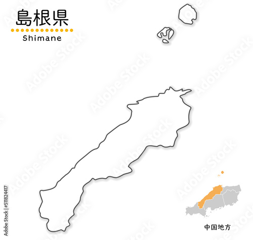 島根県のシンプルな白地図、単純化した線画、地方と位置