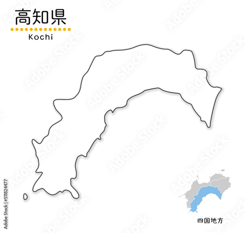 高知県のシンプルな白地図、単純化した線画、地方と位置