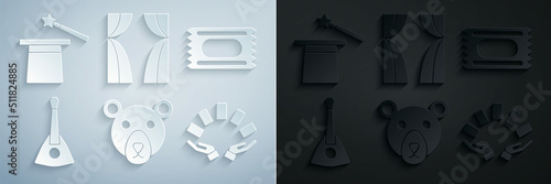 Set Bear head, Circus ticket, Balalaika, Hand holding playing cards, curtain raises and Magic hat wand icon. Vector