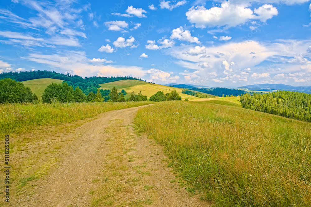 Beautiful field with a dirt road on a hill, hills covered with grass behind the mountains and the sky with barns. landscape background.