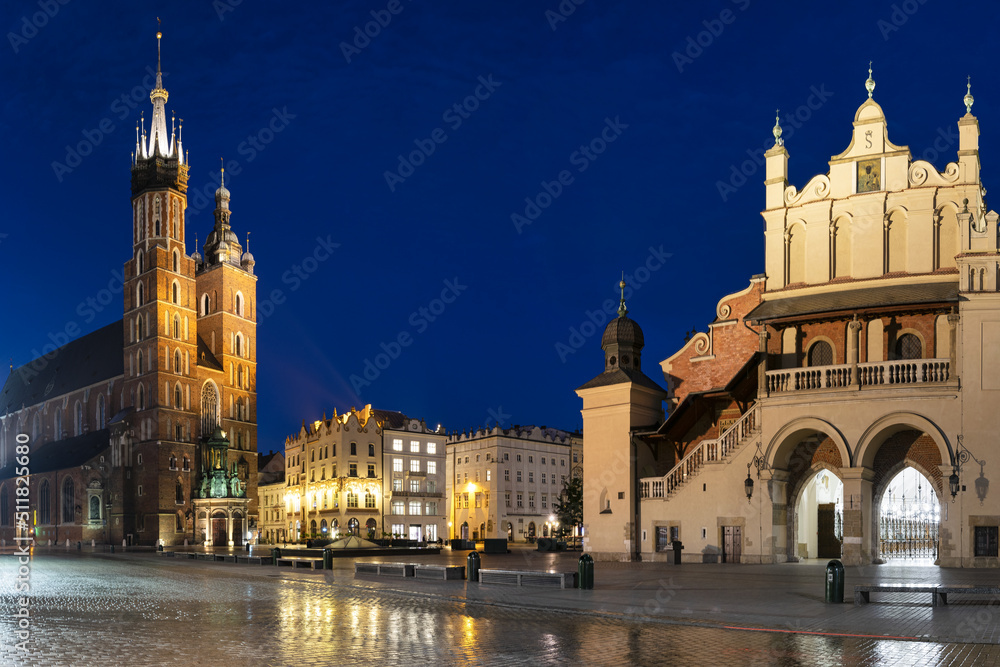 Night panorama of the Market Square in Krakow. Poland.