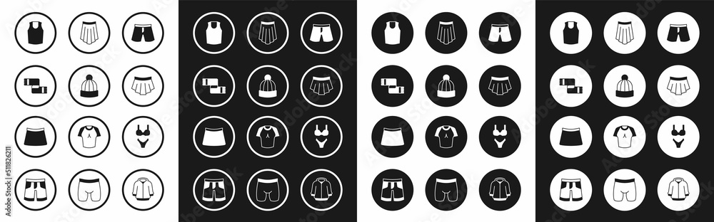Set Short or pants, Winter hat, scarf, Undershirt, Skirt, Swimsuit and icon. Vector Set Short or pants, Winter hat, scarf, Undershirt, Skirt, Swimsuit and icon. Vector