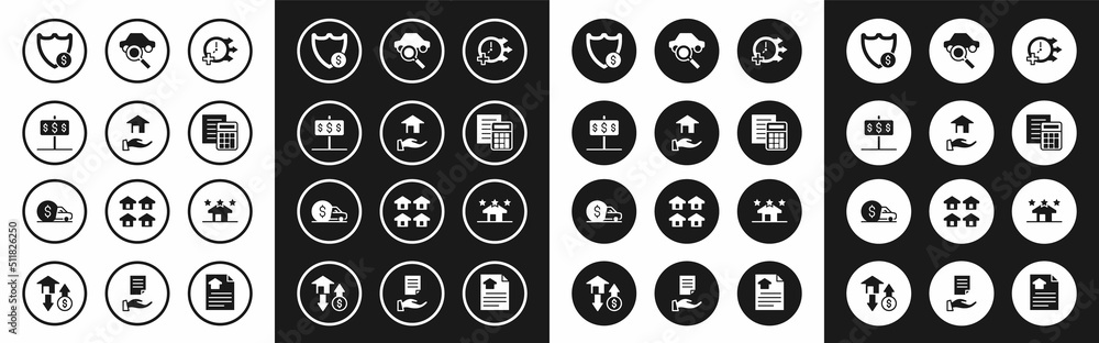 Set Clock, Realtor, House with dollar, Shield, Calculator, Car sharing, estate and rental icon. Vector