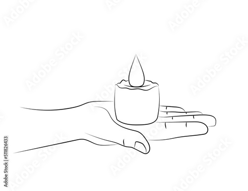 To honor memory of victims. Human hands holding a memory candle in palms. Burning candle in hands. Day of mourning. Support and compassion for people in times of sadness. Sketch, linear drawing