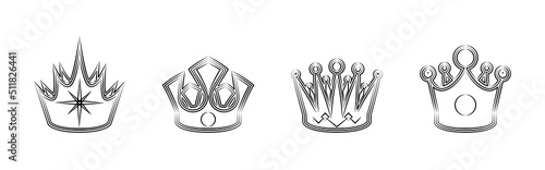 Royal crowns collection. Crown icons set for loyalty program. VIP symbol for advertising and design. An indicator of high status of a wealthy client. Sketch, linear drawing in minimalist style