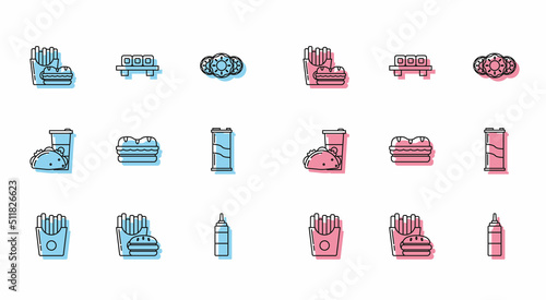 Set line Potatoes french fries in carton package box, Burger and, Sauce bottle, Sandwich, Soda can, Paper glass taco with tortilla and Sushi cutting board icon. Vector