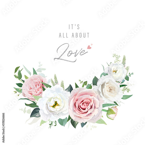 Elegant floral invite, greeting card with blush pink, white roses, lisanthus, greenery eucalyptus leaves, seeds, branches wreath bouquet decoration. Wedding, birthday, holiday chic vector illustration